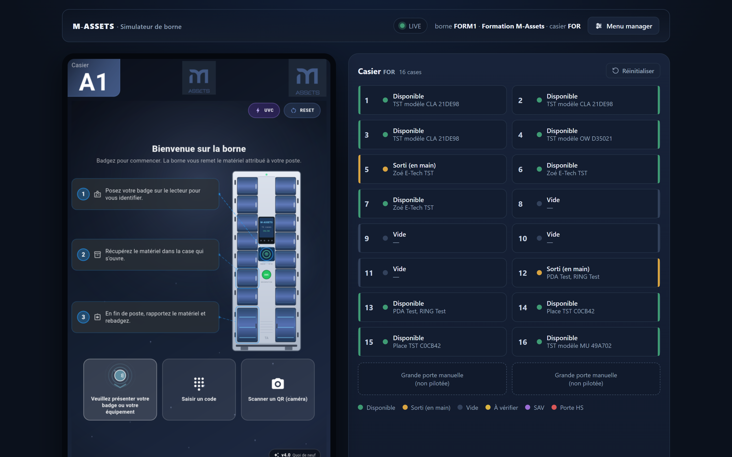 Le simulateur de borne M-Assets : écran et casier en direct