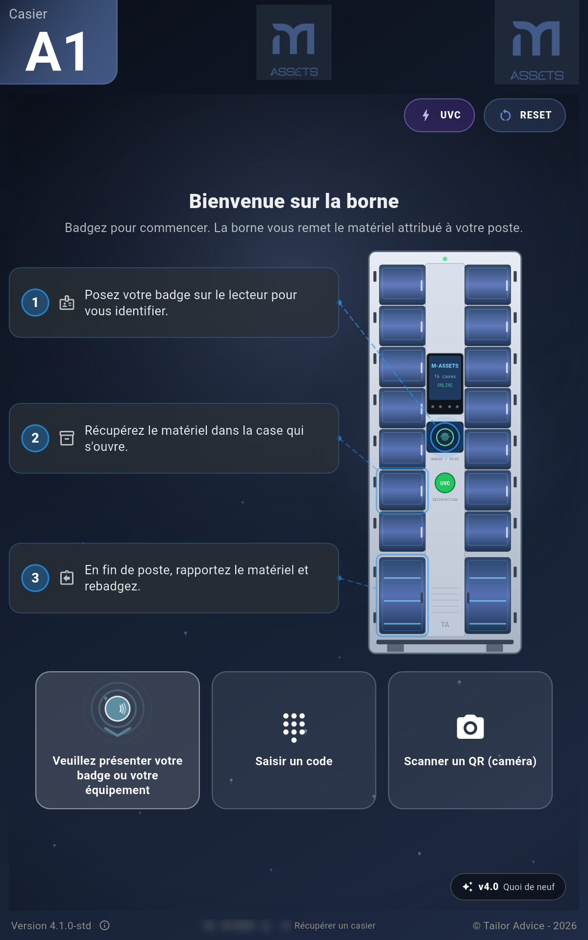 Écran d'accueil de la borne M-ASSETS sur tablette Elo